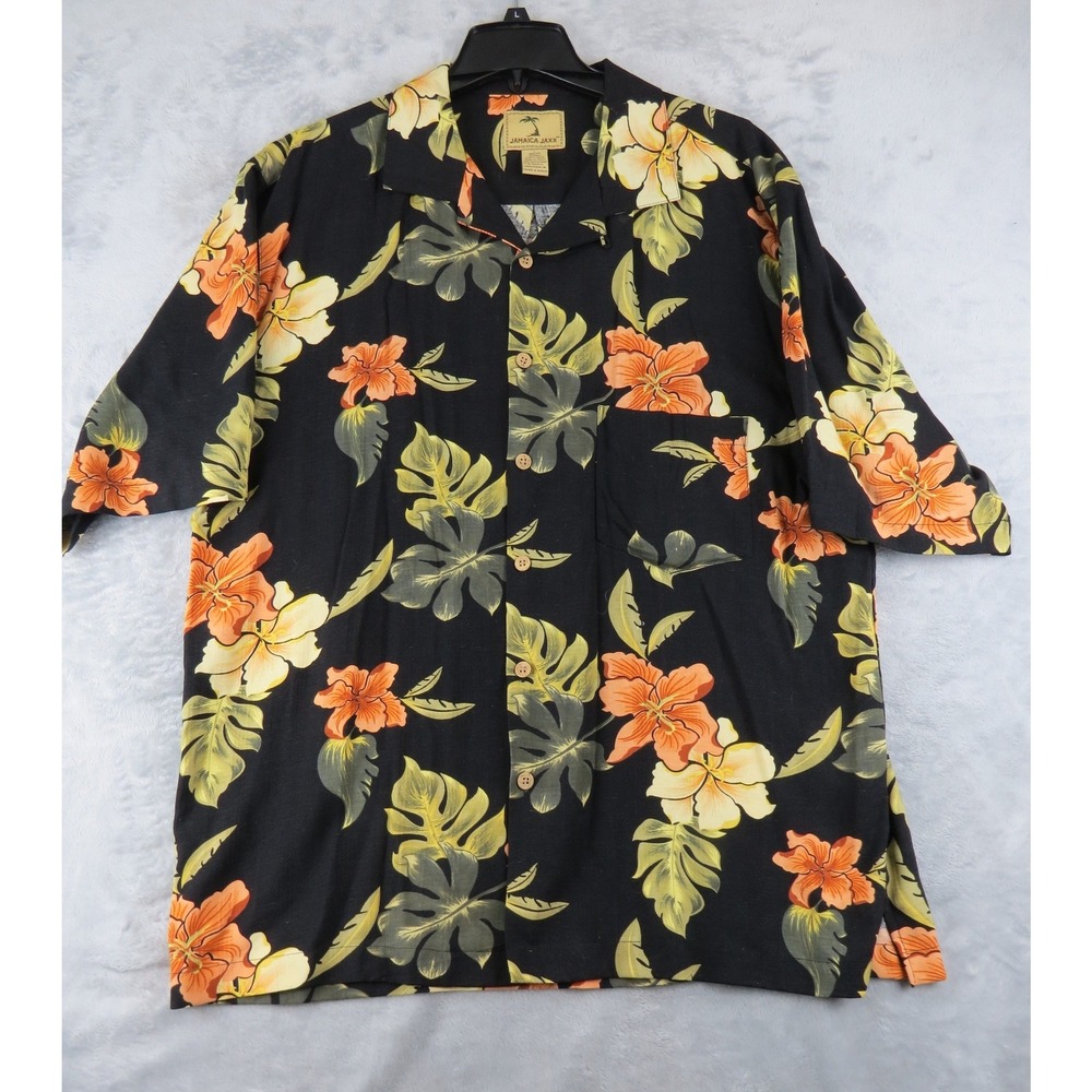 Jamaica Jaxx Hawaiian Shirt Mens L 100% Silk Black Floral Aloha Camp